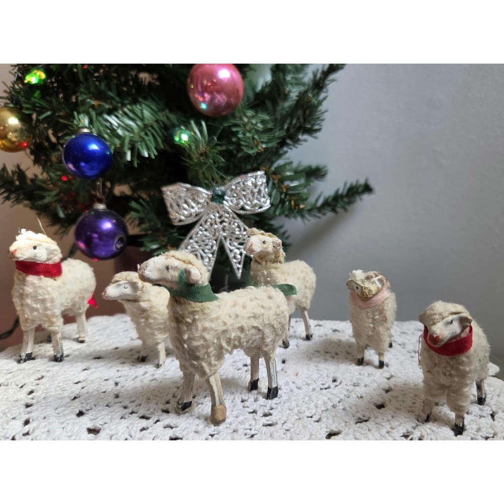 Vintage Putz Wooly Sheep Lot of 7 – Christmas Nativity Stick Leg Lambs